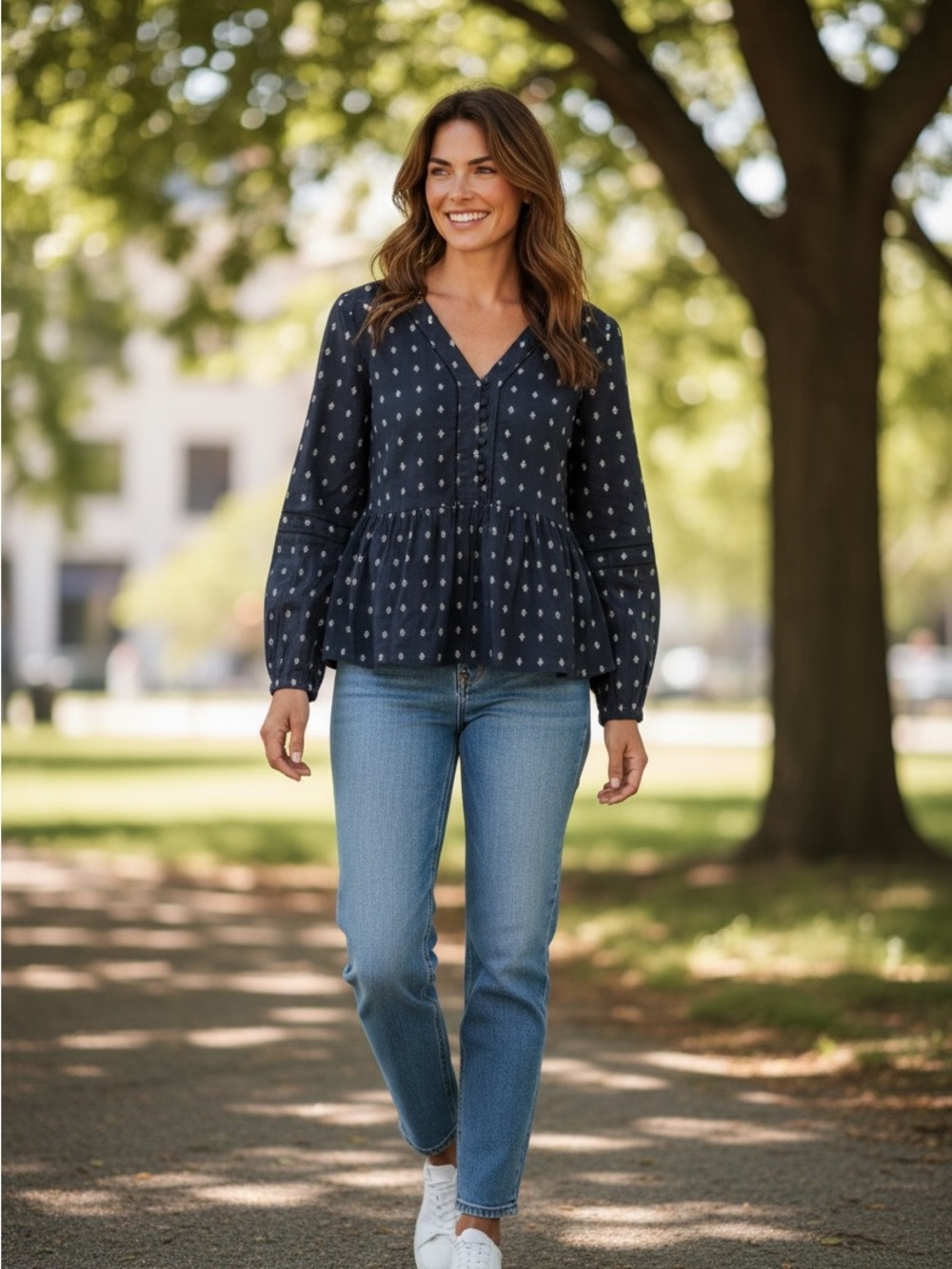 100% Cotton,LOFT Navy Blue Printed baby doll Blouse